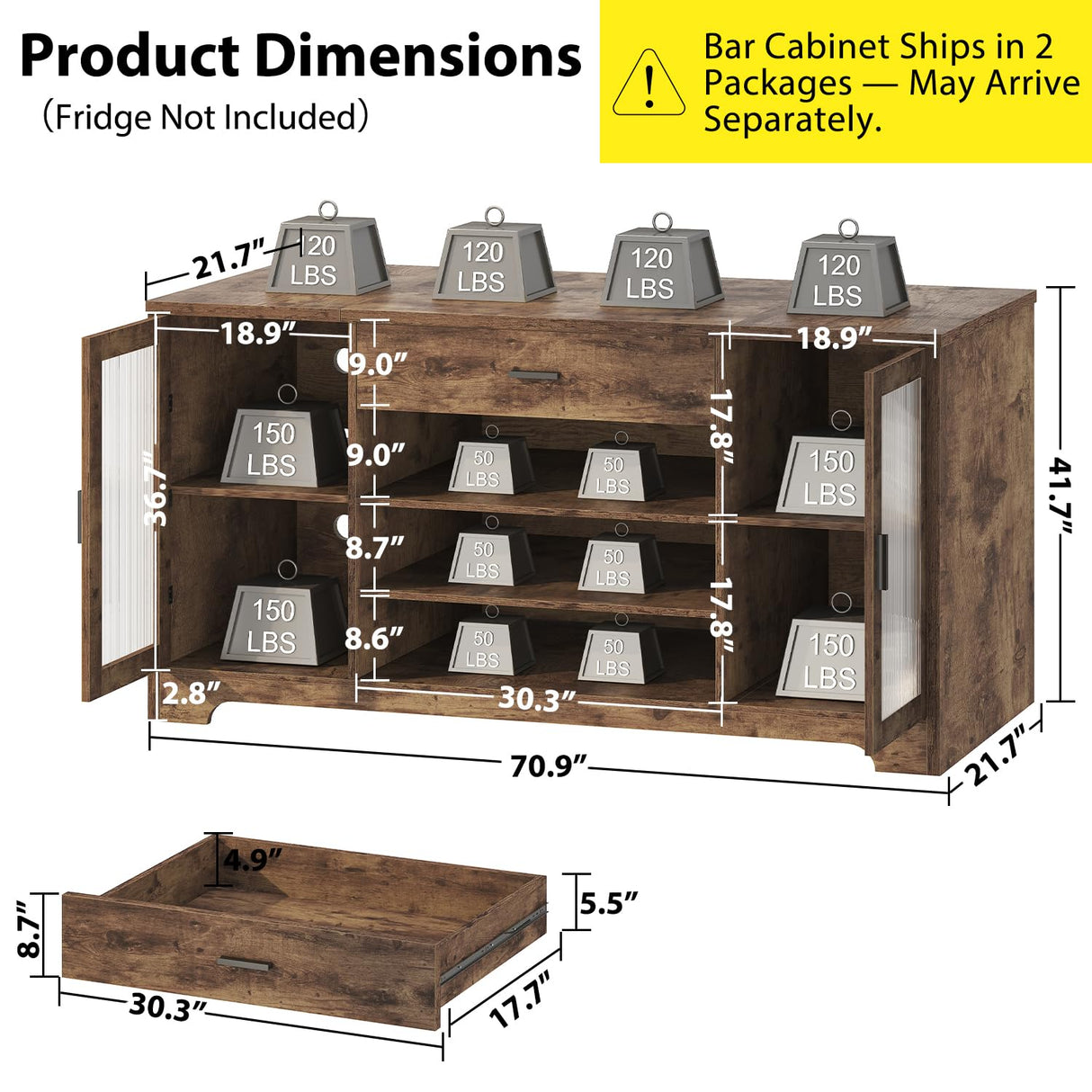HSH Bar Cabinet with Mini Fridge Space, 70.9” Large Wood Wine Cabinet with Cooler Space, Farmhouse Long Liquor Cabinet with Drawer Storage, Metal Sideboard Buffet for Kitchen Dining Room, Rustic Brown HSH