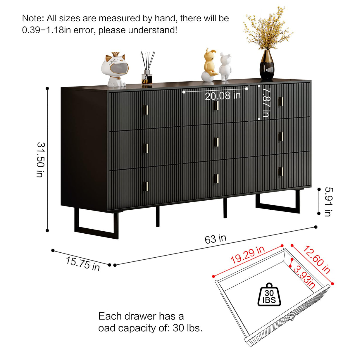 Chrangmay Modern Chest of Drawers with 9 Drawers,Deep Drawers,Clothes Organizer,Large Storage Cabinet for Living Room, Bedroom,Hallway,with Anti-Tipping Device,Matte Black Chrangmay