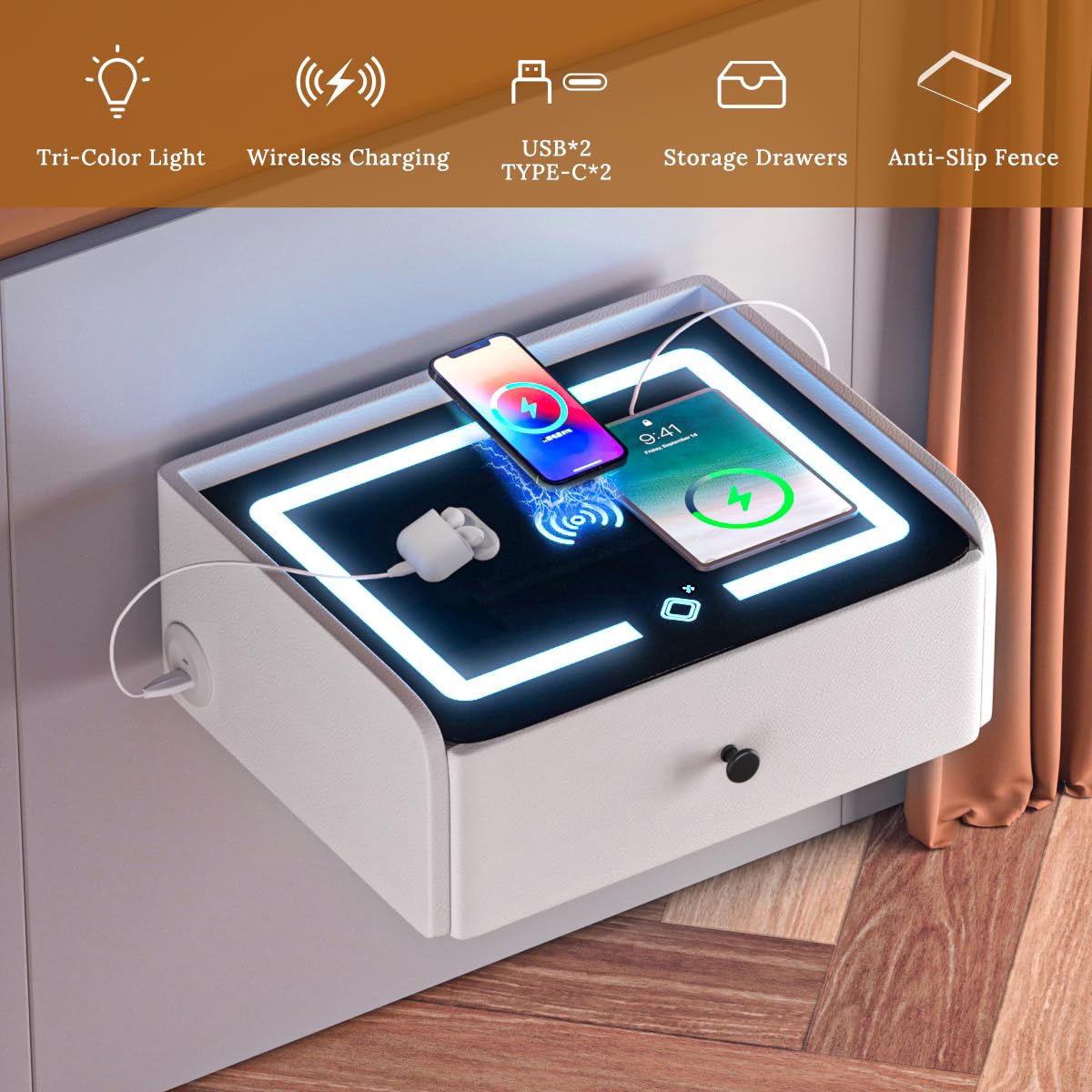 HOMEMORE Floating Nightstand with Charging Station Bedside Table LED Smart Bedside Table Wall Mounted Nightstand White HOMEMORE