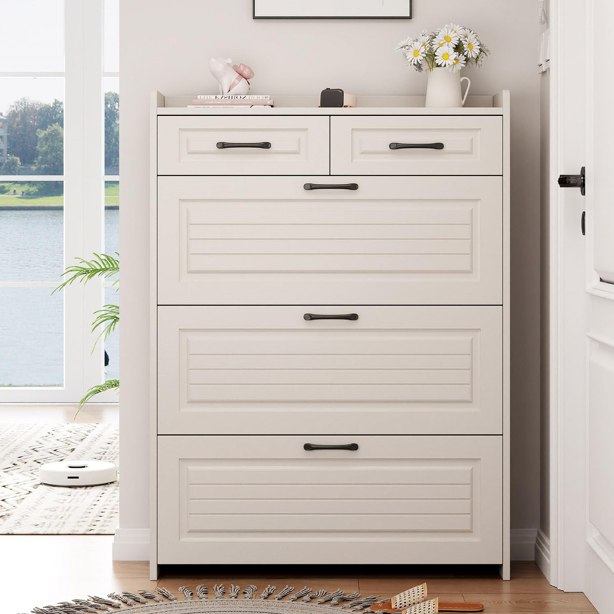 Shoe Cabinet for Entryway, Narrow Shoe Storage Cabinet with 3 Flip Drawers and 2 Top Drawers, Modern Shoe Rack Organizer Cabinet for Hallway, Apartment, Living Room, White Lakifun