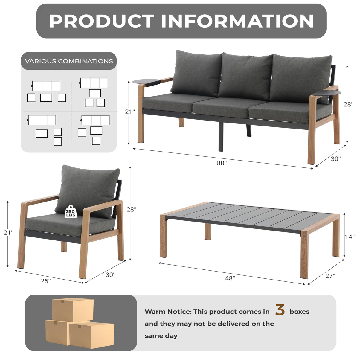 GREEN MORE 4-Piece Outdoor Patio Furniture Set, All-Weather Patio Conversation Set, Modern Sectional Sofa with Coffee Table & Detachable Washable Cushions, for Porch Balcony Backyard, Natural GREEN MORE