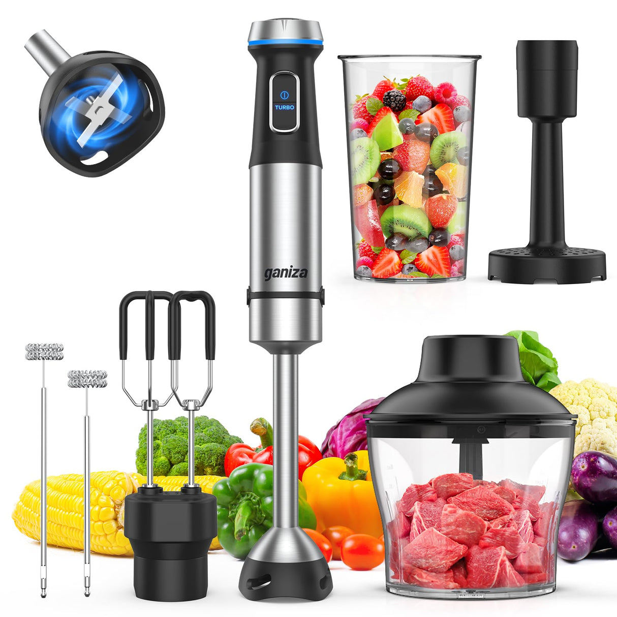 Ganiza Immersion Blender, 6 in 1 Hand Blender Stainless Steel Blade, 15 Speed Stick Blender Electric, Immersion Blender Handheld with 800ml Mixing Beaker, 600ml Chopper, Whisk, Frother, Potato Masher Ganiza