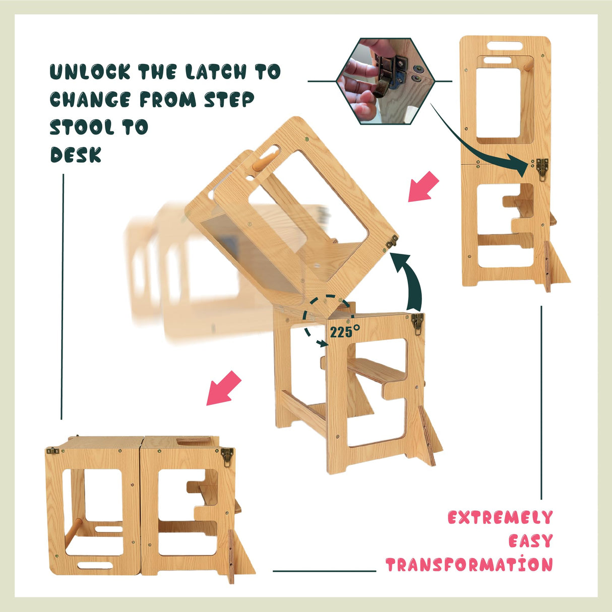 SENSUNIQ Toddler Tower, Kitchen Step Stool Helper for Kids, Wooden Montessori Learn Tower with Chalkboard, Multi-use 4 in 1 Kitchen Standing Tower, Foldable Weaning Table with Safety Rail SENSUNIQ