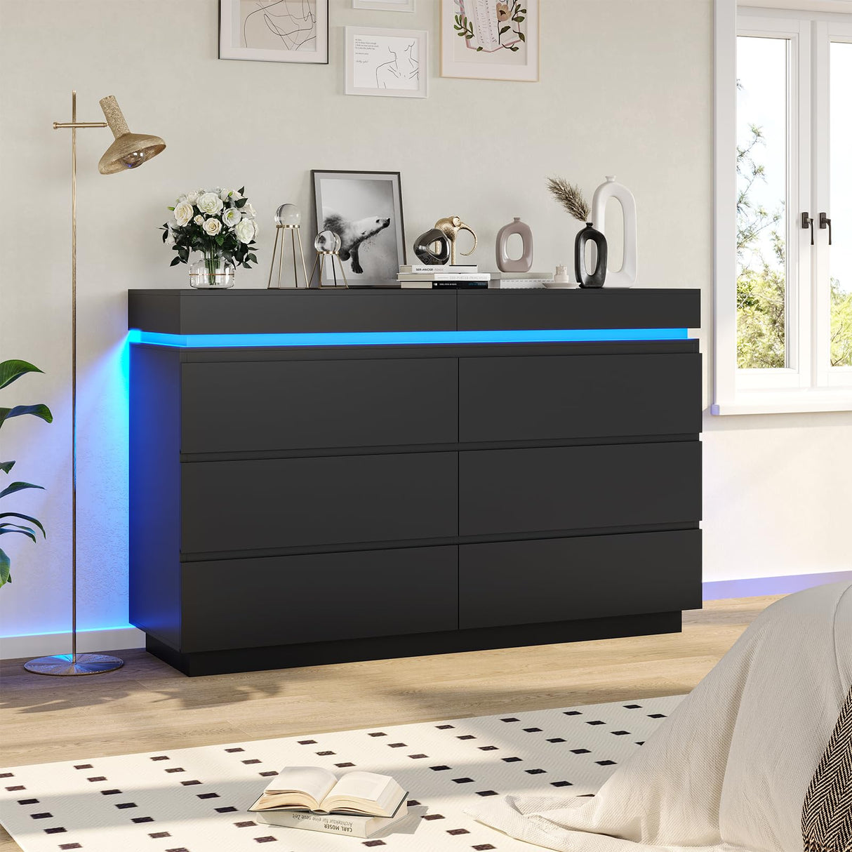 DICTAC Modern 6 Drawer Dresser with Sliding Desktop, Wide Chest of Drawers with Charging Station & LED Lights, Large Storage Tower Clothes Organizer, Black Dresser for Bedroom DICTAC