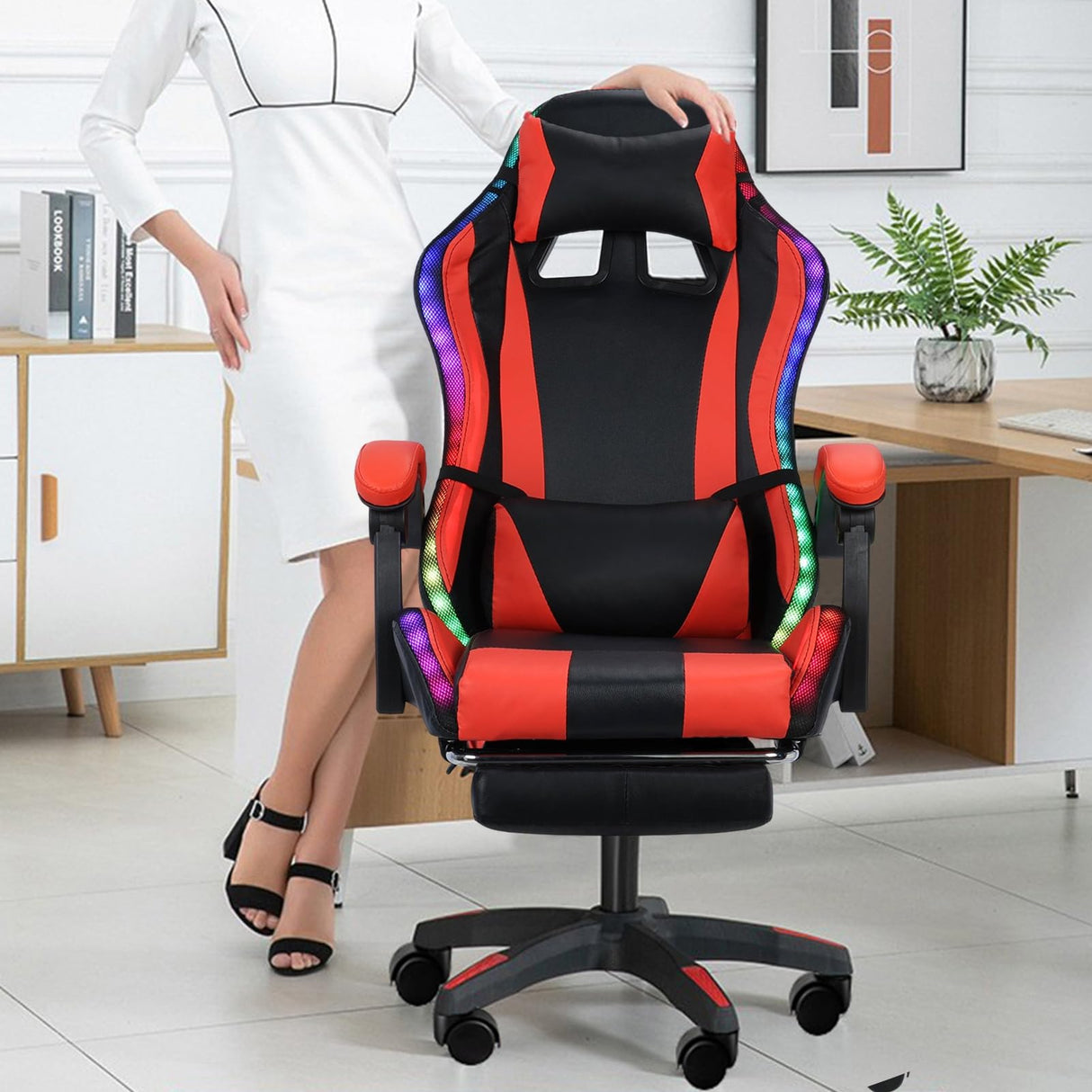 yifaeux Gaming Chair with Speakers Bluetooth & RGB LED Lights, Music Video Game Chair Audio Ergonomic Design Heavy Duty Office Computer Desk Chair(Red) Black & Red yifaeux