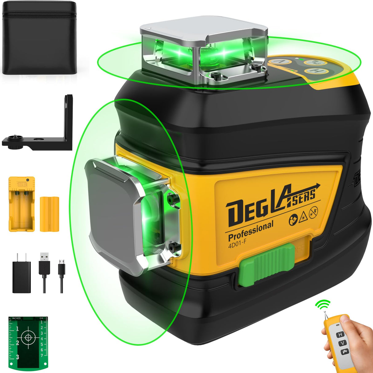 Laser Level 360 Self Leveling,DEGLASERS 3x360 Green Cross Line Laser Level for Construction and Picture Hanging with Rechargeable Battery(30Hrs), Remote Control, Magnetic Bracket, Portable Bag DegLasers