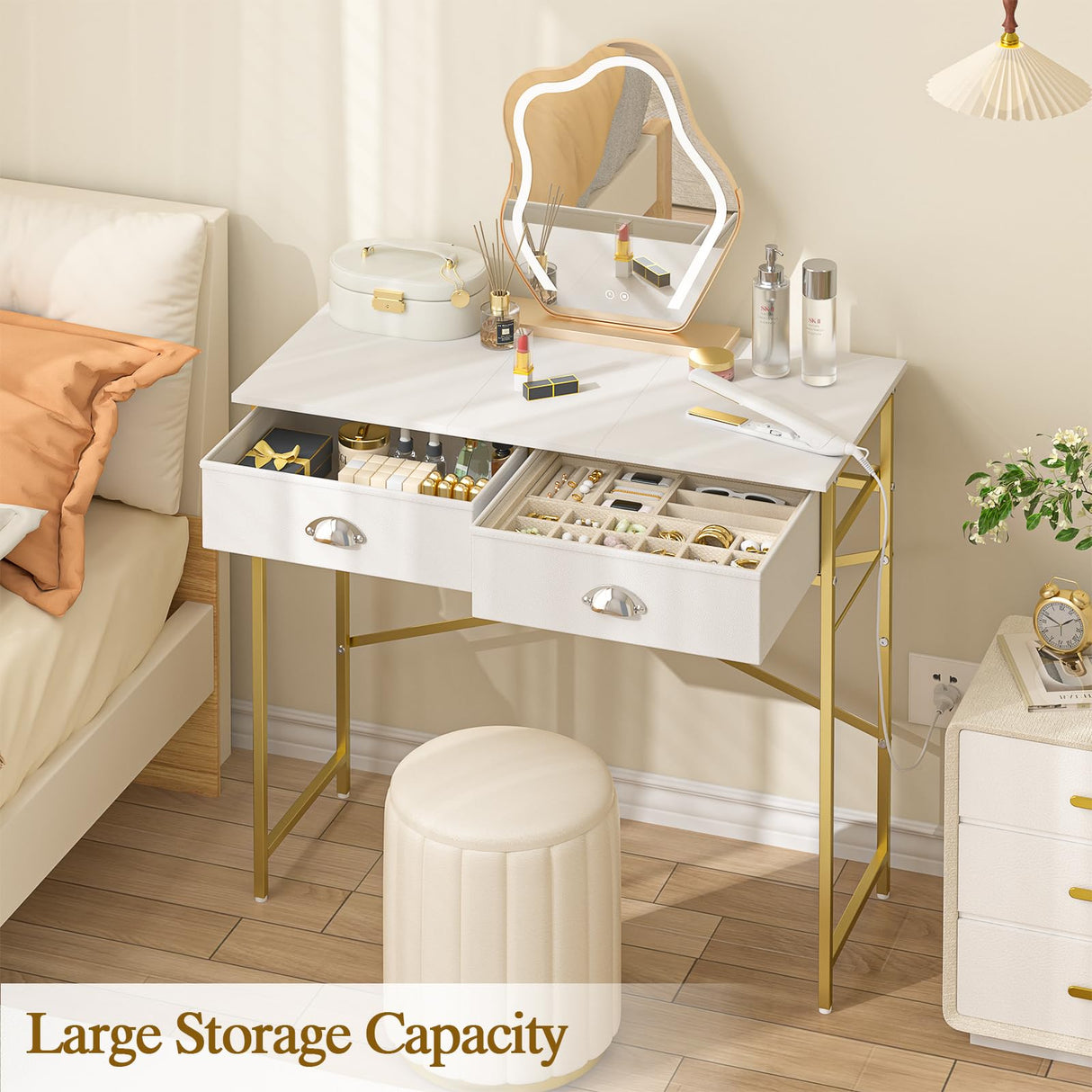 Small Vanity Desk No Mirror for Kids Bedroom, 31.5 Inch Vanity Table with Drawers, Makeup Vanity Desk for Narrow Spaces, White and Gold(No Mirror) ThreeHio