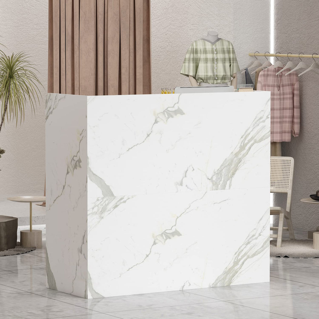 AIEGLE Reception Desk with Drawers & Storage Shelves, Reception Table with Private Panels, for Salon Reception Room Checkout Office, Marble White (47.3" L x 18.3" W x 43.3" H) AIEGLE