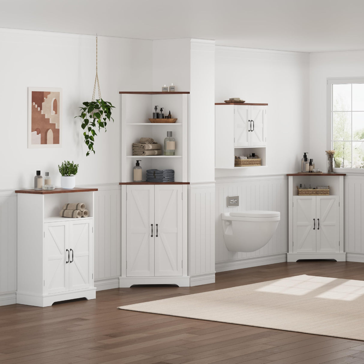 Smuxee Freestanding Cabinet Organizer, Farmhouse Style with Barn Door and Adjustable Shelf, White, for Bathroom, Kitchen, Living Room Smuxee