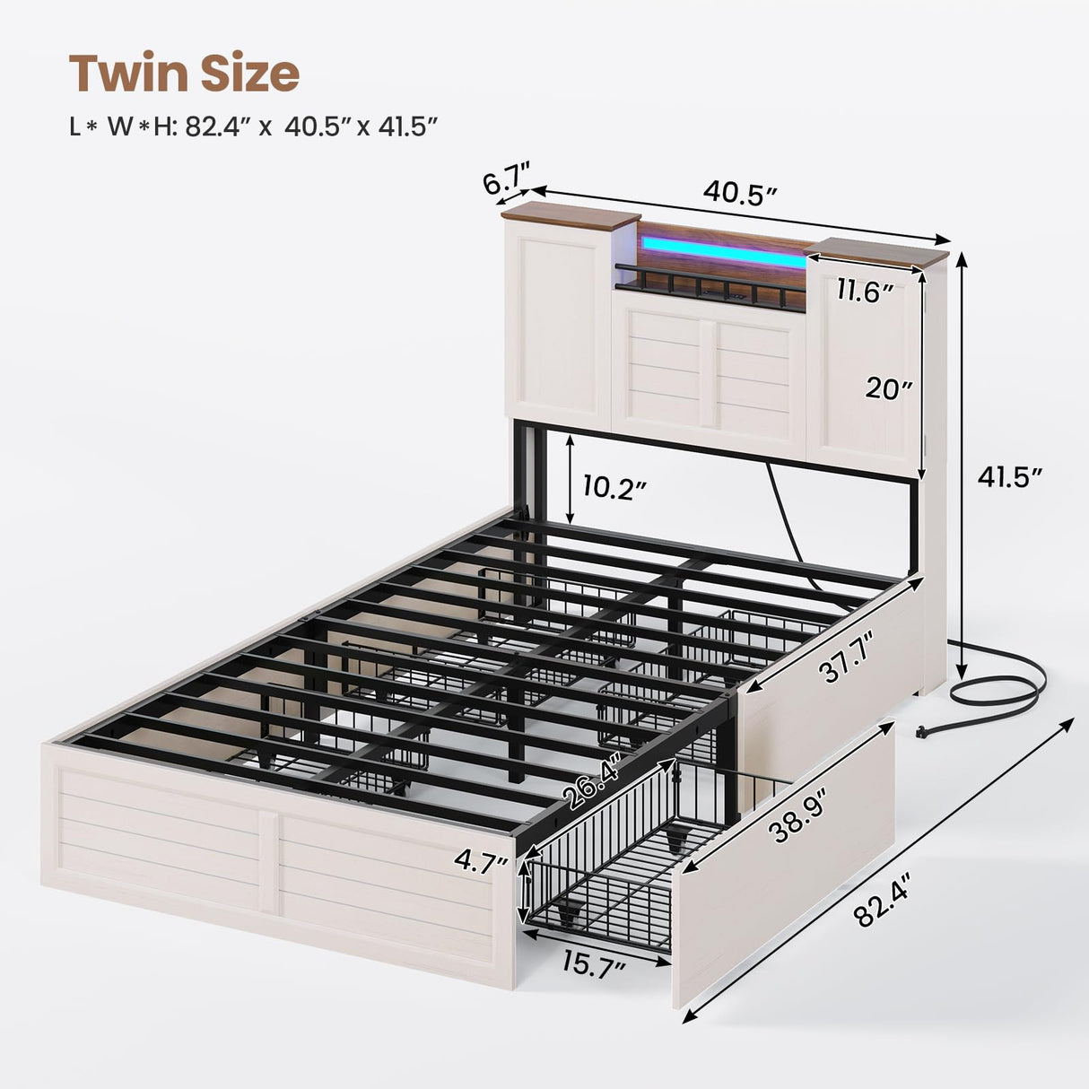VIAGDO Farmhouse Twin Bed Frames with Headboard and Double Barn Door Storage Cabinets, Rustic Wooden Bed Frame Twin Size with Charging Station, 4 Drawers and LED Lights, No Box Spring Needed, White VIAGDO