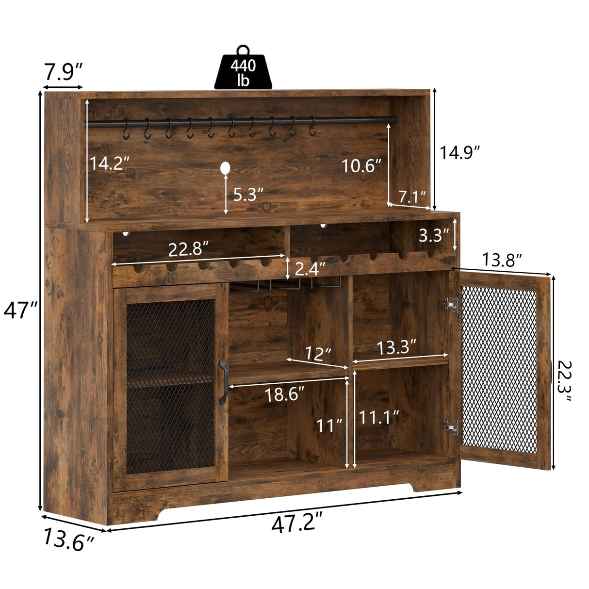 Loomie Wine Bar Cabinet with LED Light, Liquor Cabinet with Glass Holder, Coffee Bar Cabinet for Liquor, Storage Buffet Cabinet with Wine Racks, Wine Cabinet with Mesh Door (Rustic) Loomie