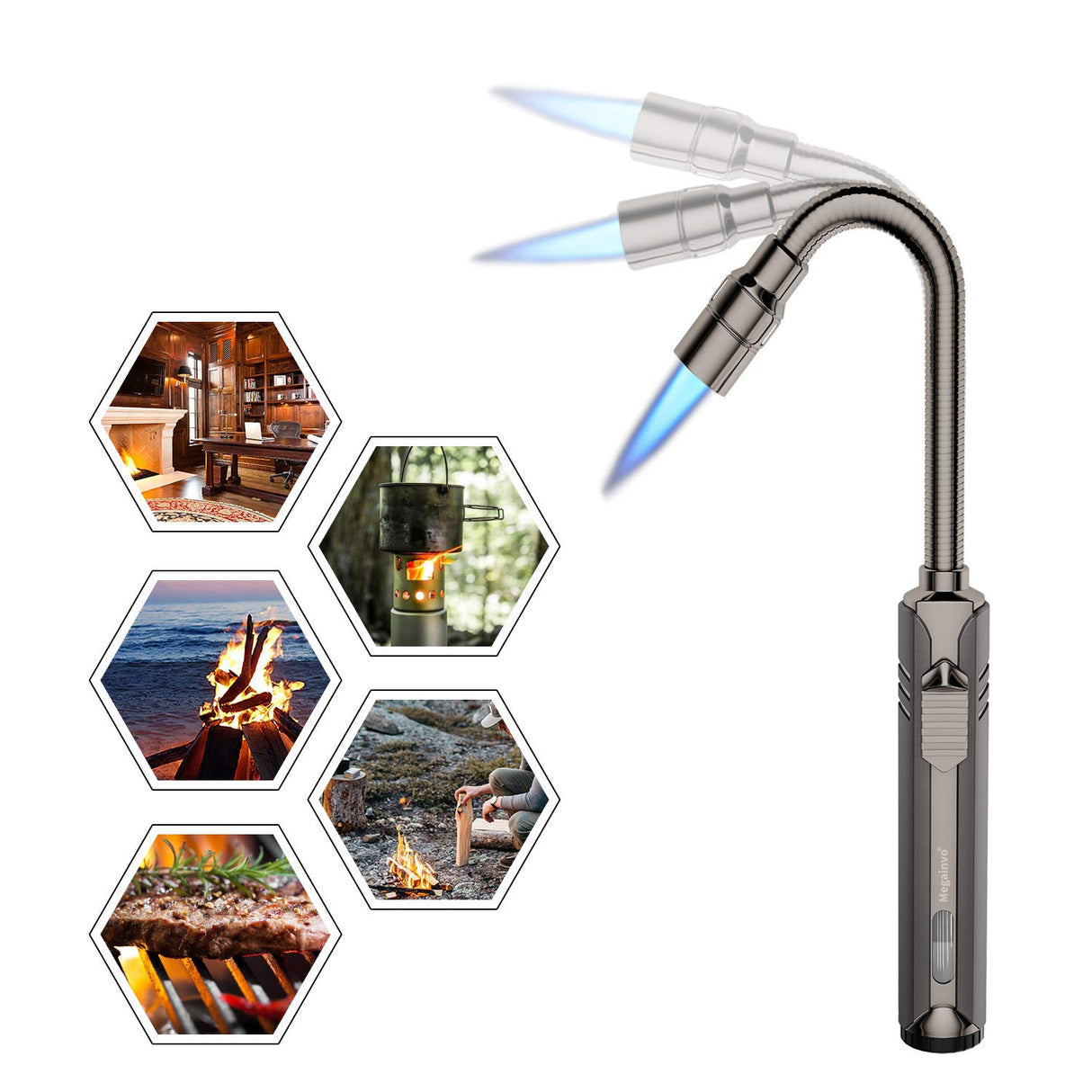 Butane Lighter Torch Long Lighter Refillable Jet Lighter Windproof Lighter with Visual Fuel Window Flexible Neck Lighter for Grill Fireplace Stove Camping Kitchen (No Butane Included) - Black Megainvo