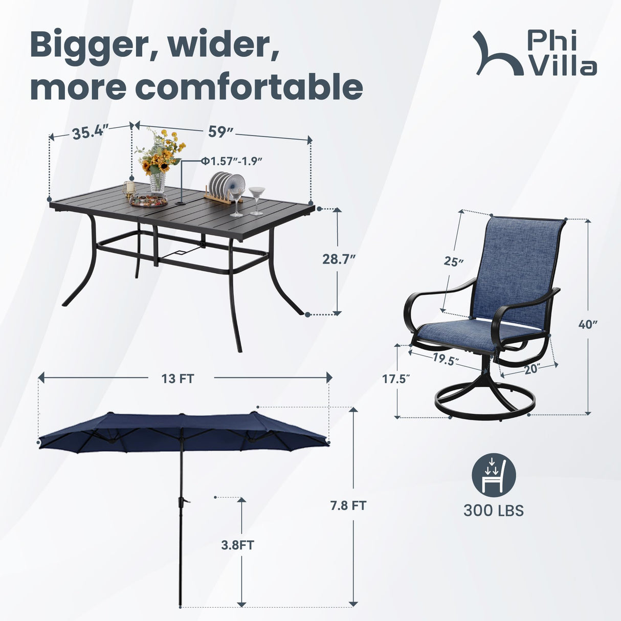 PHI VILLA 8 Piece Patio Dining Set with 13ft Patio Umbrella (Navy Blue), 6 Outdoor Swivel Dining Chairs & 1 Large Metal Dining Table with 1.57" Umbrella Hole, for Lawn Garden Backyard PHI VILLA
