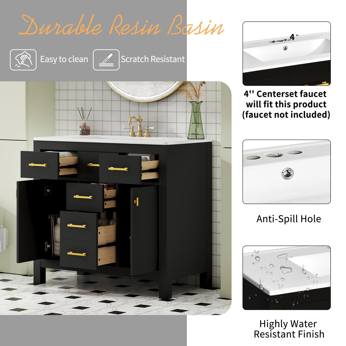 Merax 36" Bathroom Vanity with Sink, Freestanding Modern Bathroom Vanity Cabinet with Sink Top, 4 Drawers and 2 Storage Cabinets, Green Wood Bathroom Vanity Merax