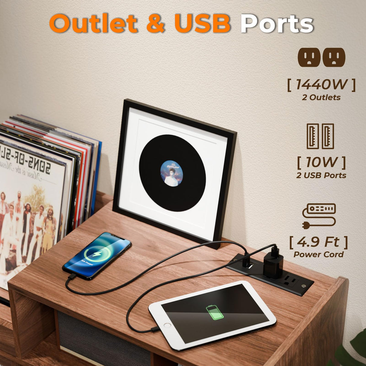 Large Record Player Stand,Turntable Stand Shelf with with Power Outlet and LED Light,Vinyl Record Storage Cabinet Up to 350 Albums, Wood Record Player Holder Table for Living Room,Office Loomie