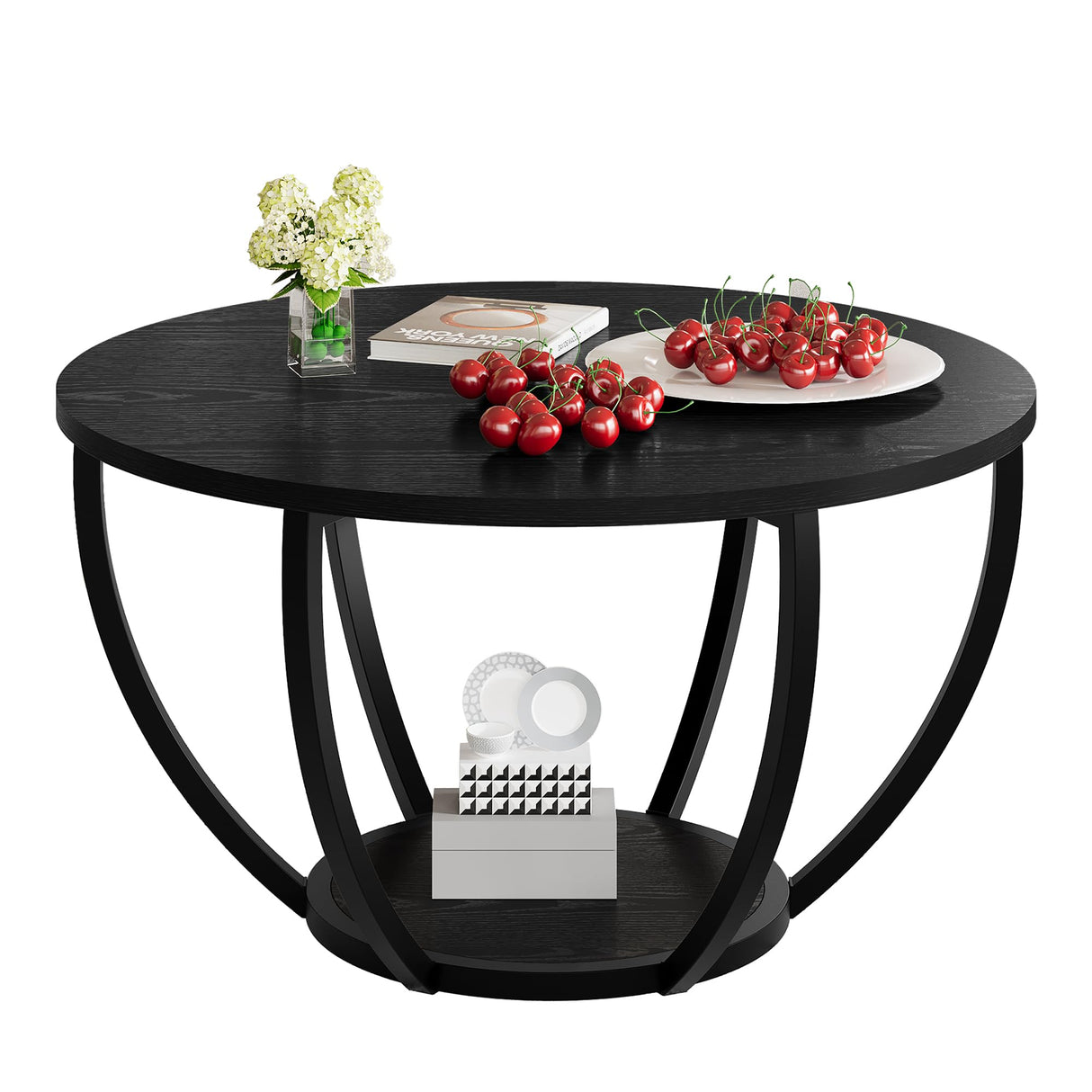 HOMERECOMMEND Round Coffee Table,Wooden 2-Tier Circle Coffee Tables with Storage Shelves,Accent Center Table for Living Room, Sofa Table for Home Office, Black HOMERECOMMEND