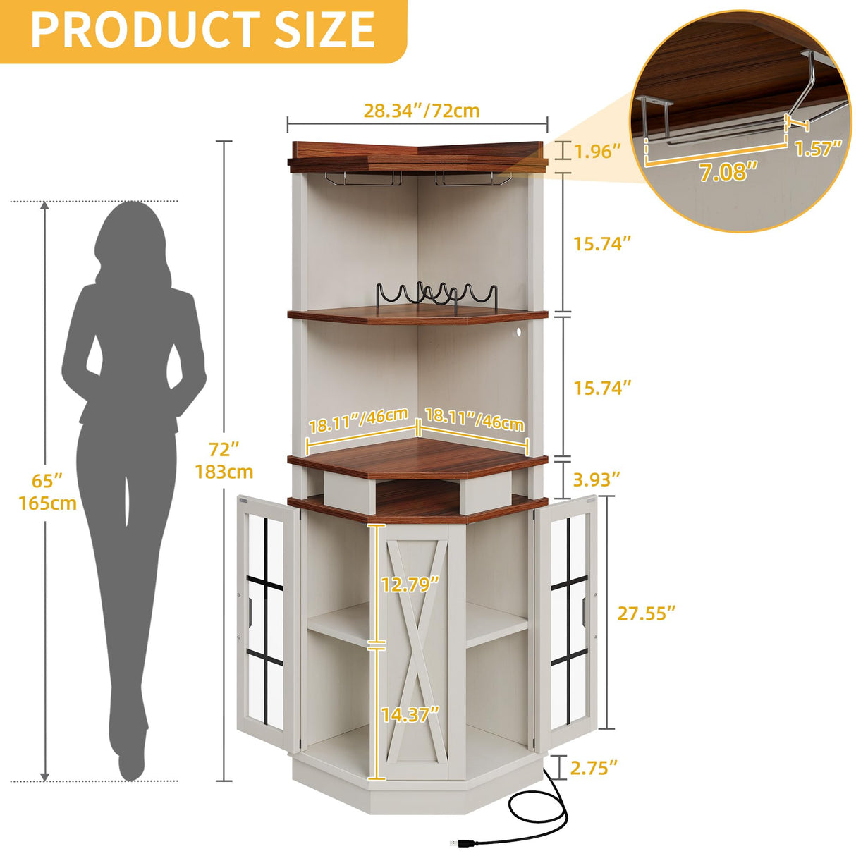 DWVO Corner Bar Cabinet with Glass Door & LED Lights, 72" Tall Farmhouse Liquor Cabinet Bar with Glass & Wine Holder, 6-Tiers Alcohol Cabinet for Dining Room, Living Room, Kitchen,White DWVO