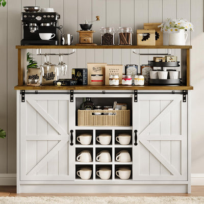 Farmhouse Coffee Bar Cabinet with Storage, 47 Inch Coffee Bar Hutch with Sliding Barn Doors, Wine Bar Cabinet with LED Light and Mirror, White Coffee Bar Table with Wine and Glass Rack for Living Room
