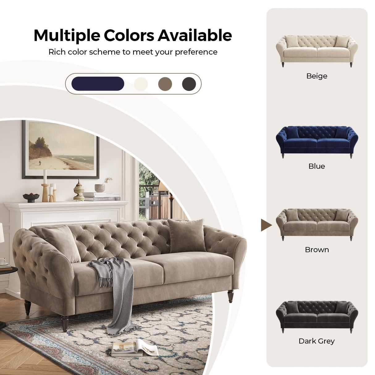 COPIAE 82 Inch Chesterfield loveseat Sofa,Tuxedo Arms Modern Couch Sturdy and Easy Installation, Small Sofa for Living Room Bedroom Office and Apartment,Velvet Fabric Brown COPIAE