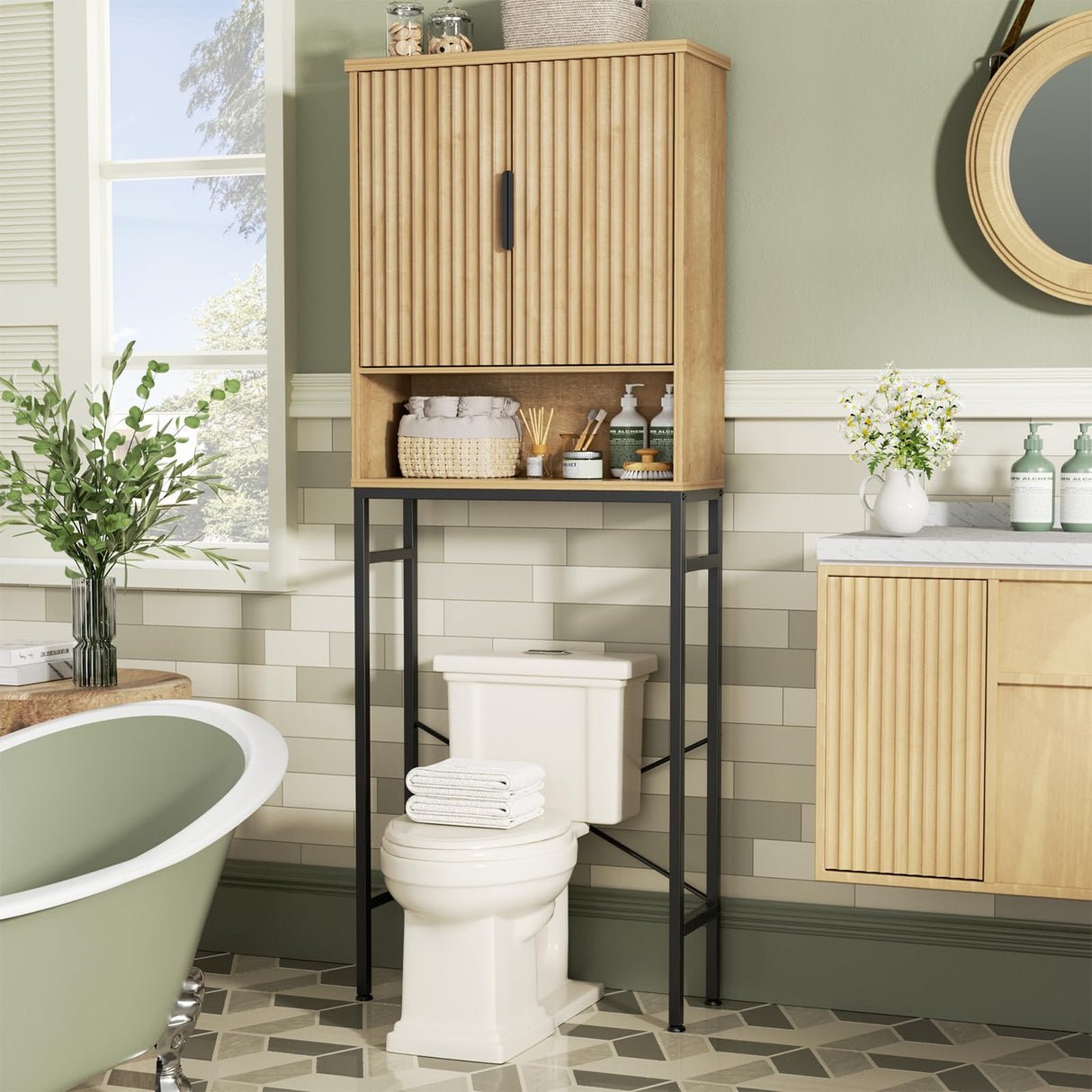 Over The Toilet Storage Cabinet with Fluted Doors and Adjustable Shelf, Tall Bathroom Organizer with Metal Stand Space Saver Over Toilet , Wood Rack for Bathroom, Restroom, Laundry, Natural Oak FiveWillowise