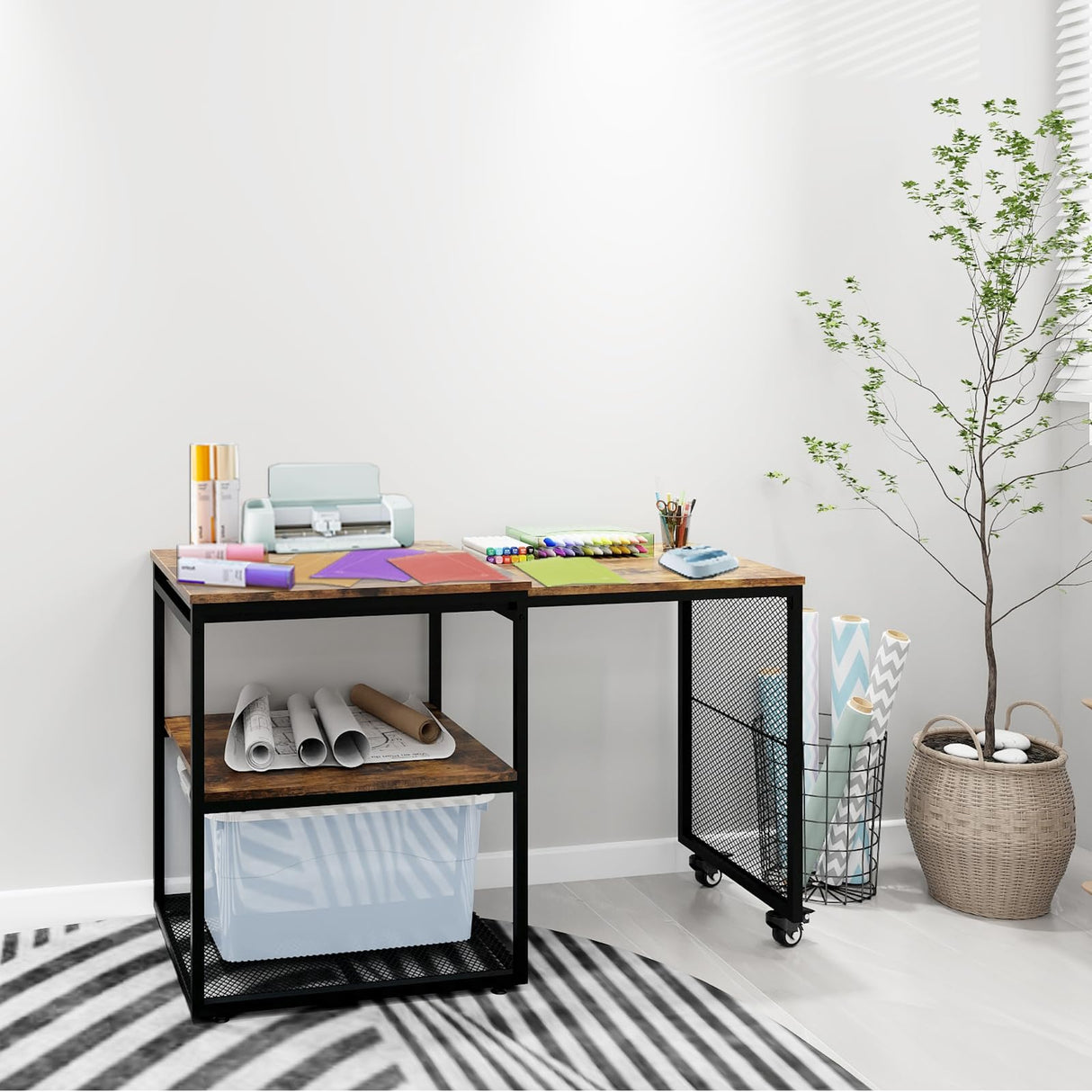 Natwind Large Printer Stand with Storage Shelves,Extendable Home Craft Table,Home Office Organization Desk, Versatile Table for Home Office, Kitchen, Study Room, Living Room (Retro) Natwind