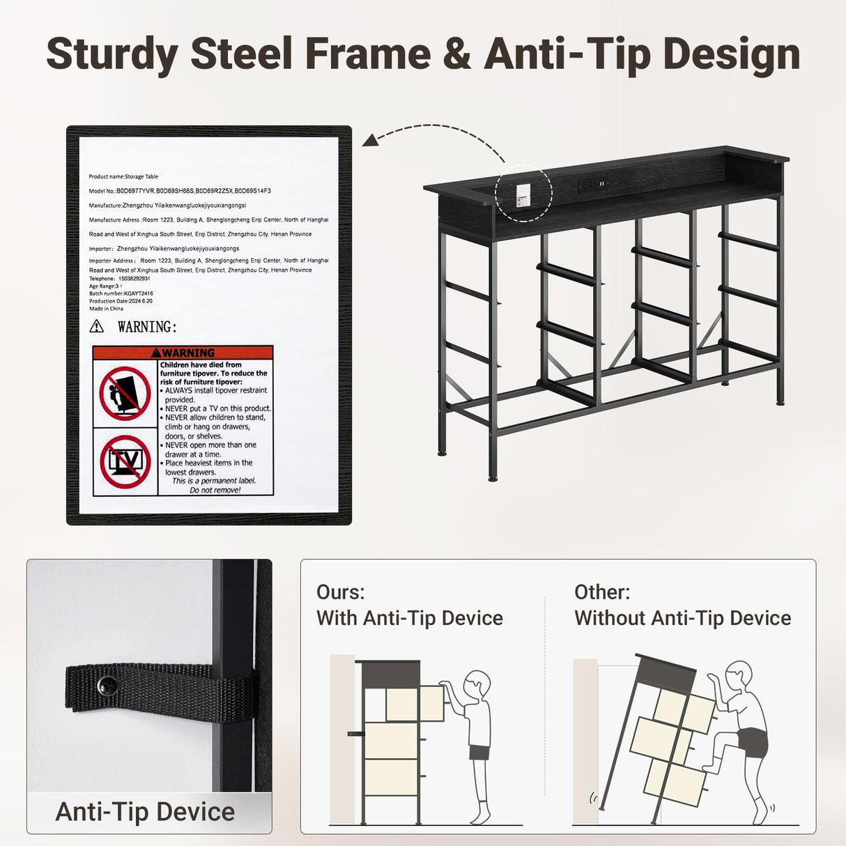 ELYKEN Black Dresser for Bedroom with LED Light & Charging Station, 9 PU Finish Fabric Drawers Dressers & Chest of Drawer with USB Outlet for for Entryway Closet Living Room Hallway ELYKEN