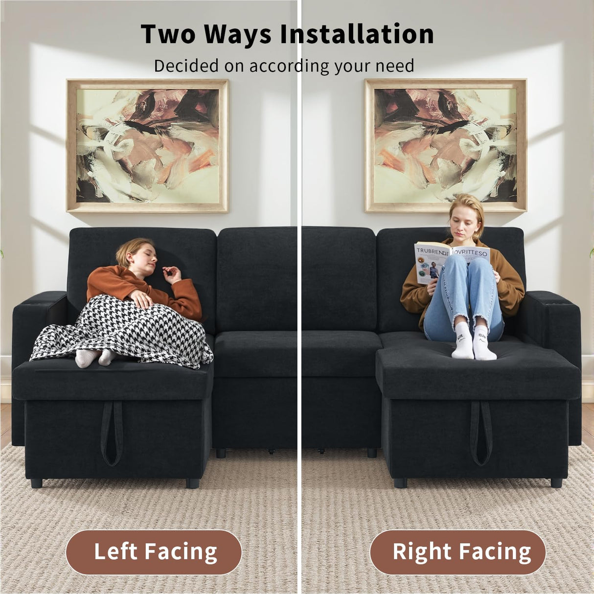 VOHOBY Sleeper Sofa Bed, 85” Pull Out Couch for Living Room with Reversible Storage Chaise,3 in 1 Sofa Couch with Retractable Table | Charging Station | Cup Holder | LED Lighting, Chenille (Black) VOHOBY