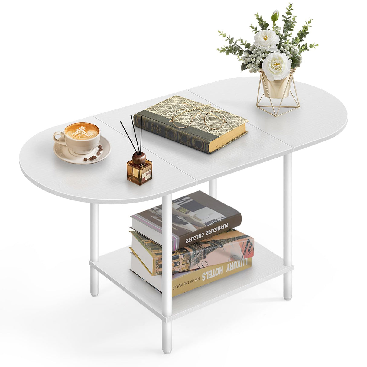 White Coffee Tables for Living Room,Mid Century Oval Center Table with Storage Shelf and Wood Tabletop,2-Tier Modern Narrow Cocktail Tea Table for Small Space,Small Apartment KANEODOT