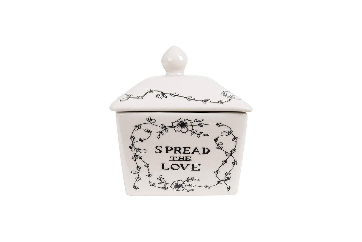 Creative Co-Op Country Stoneware Butter Dish with Lid, "Spread the Love" Message, and Farm Line Drawing, White and Black, Food, Microwave, and Dishwasher Safe Creative Co-Op