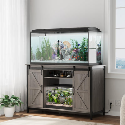 VOWNER Farmhouse 55-75 Gallon Fish Tank Stand with Power Outlet, Aquarium Stand with Storage Cabinet and Sliding Barn Door, Heavy Duty Reptile Tank Stand, for 2 Tanks, 1000LBS Capacity, Grey