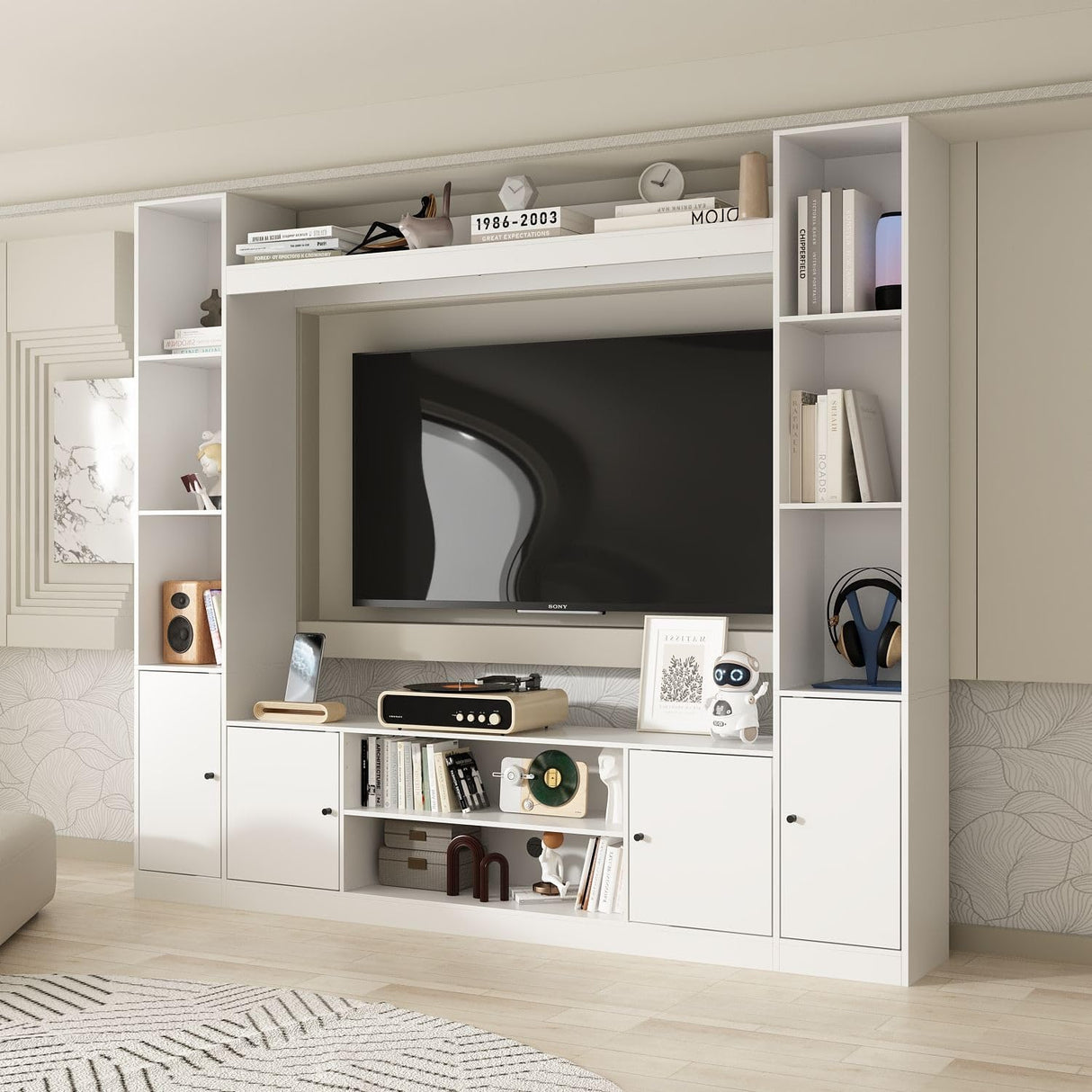 TAMUNE Entertainment Center with Bookshelves Modern Media Center with Open Shelves & Bridge TV Wall Unit with Doors, for Living Room White (81.1”W x 11.8”D x 70.9”H) TAMUNE