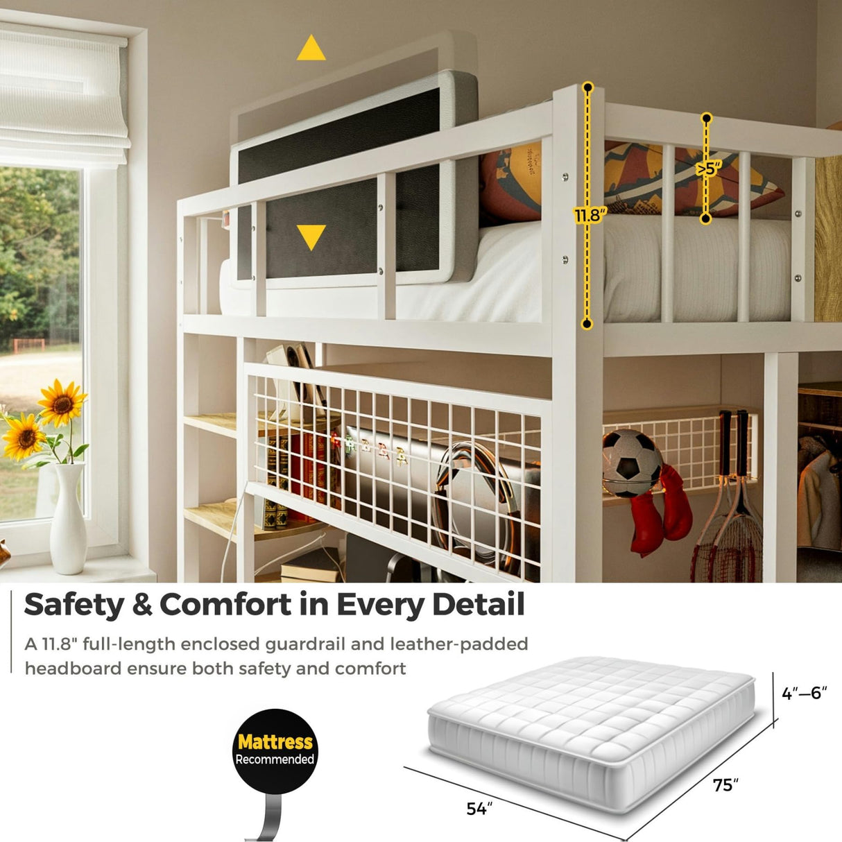 Kikihouse Full Size Loft Bed with Desk and Stairs, Headboard, Wardrobe, Bedside Storage Shelf, 6 Drawers, Charging Station & LED Light, Metal Gaming Loft Bed Frame for Adult Space-Saving Kikihouse