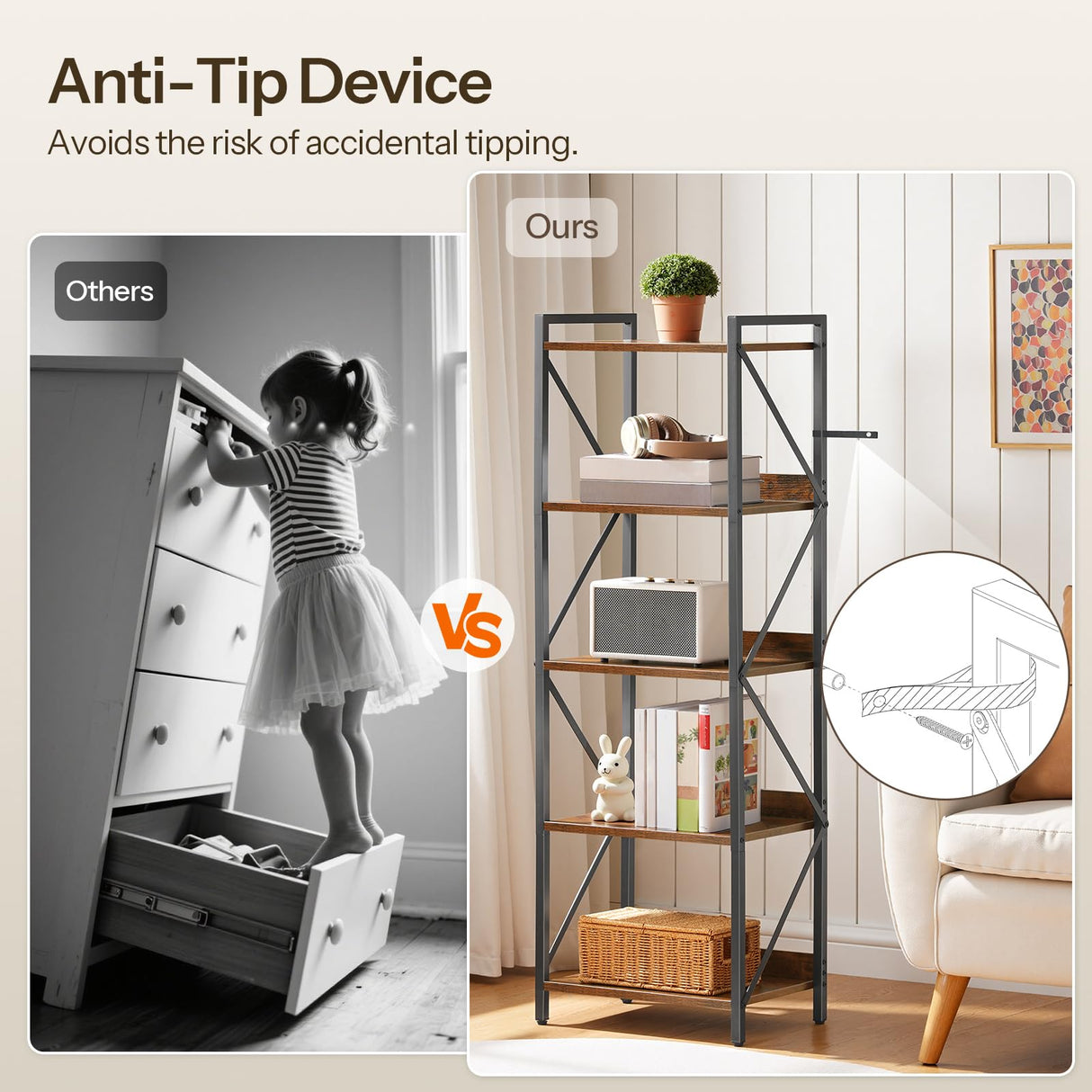 HOOBRO Bookshelf, 5-Tier Industrial Bookcase, Book Shelf Storage Organizer, Tall Bookshelf with Metal Frame for Living Room, Bedroom, Home Office, Kitchen, Rustic Brown and Black BF73SJ01