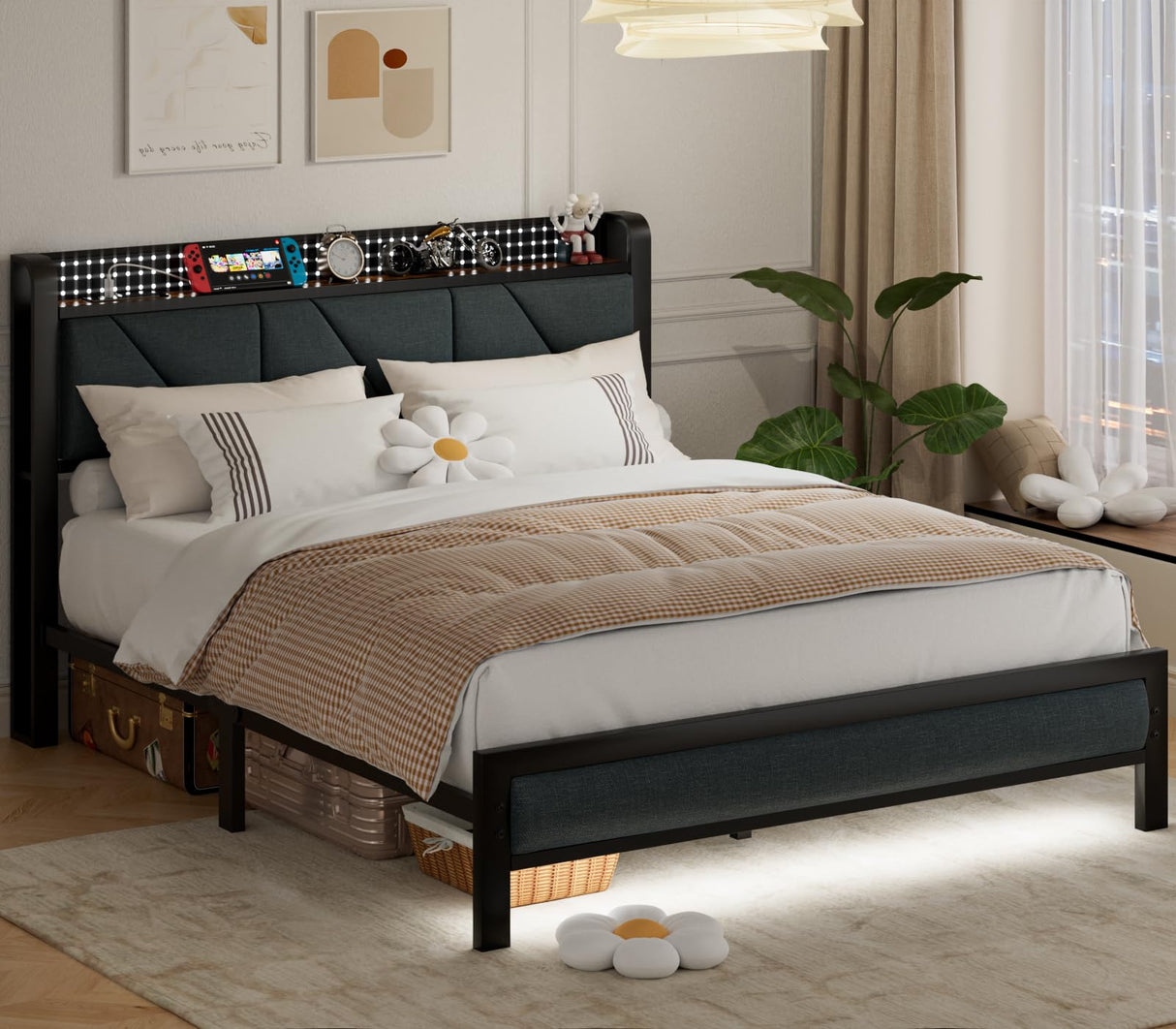 Furnulem Rustic Brown Queen Size Bed Frame with LED Headboard, USB Charging Station and Under-Bed Storage Furnulem