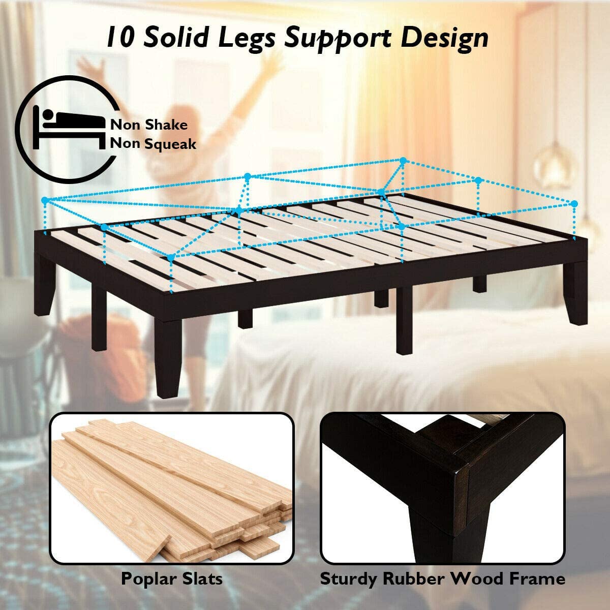 Giantex Queen Wood Platform Bed Frame, 14 Inch Solid Rubber Wood Mattress Foundation, Heavy Duty Wood Slats Support, No Box Spring Needed, Easy Assembly, Espresso Giantex