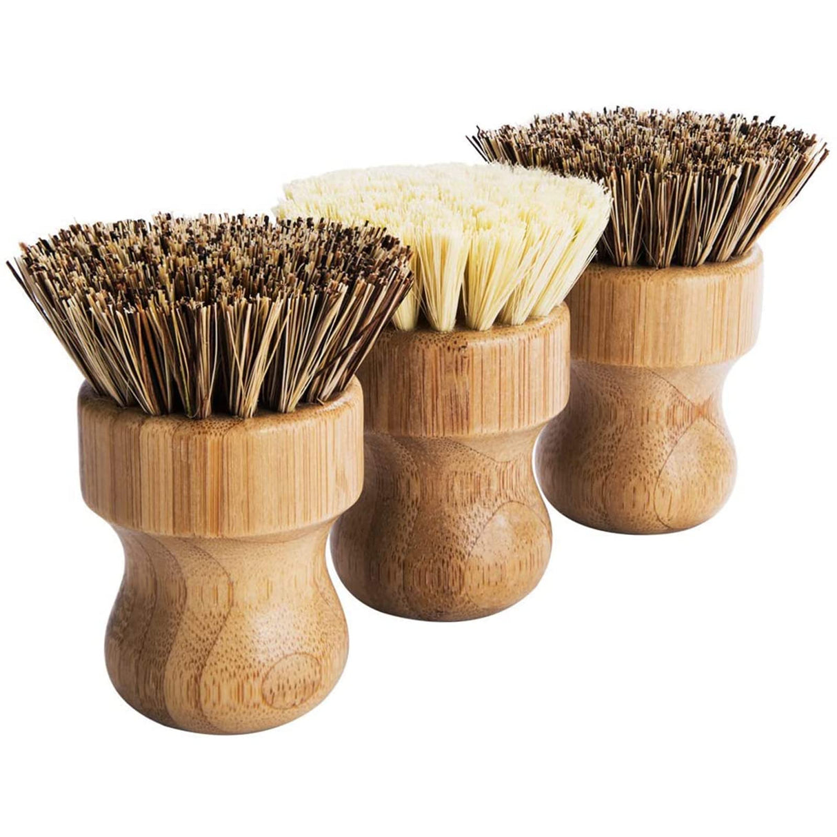 Palm Pot Brush- Bamboo Round 3 Packs Mini Dish Brush Natural Scrub Brush Durable Scrubber Cleaning Kit with Union Fiber and Tampico Fiber for Cleaning Pots, Pans and Vegetables GREENTH PRO