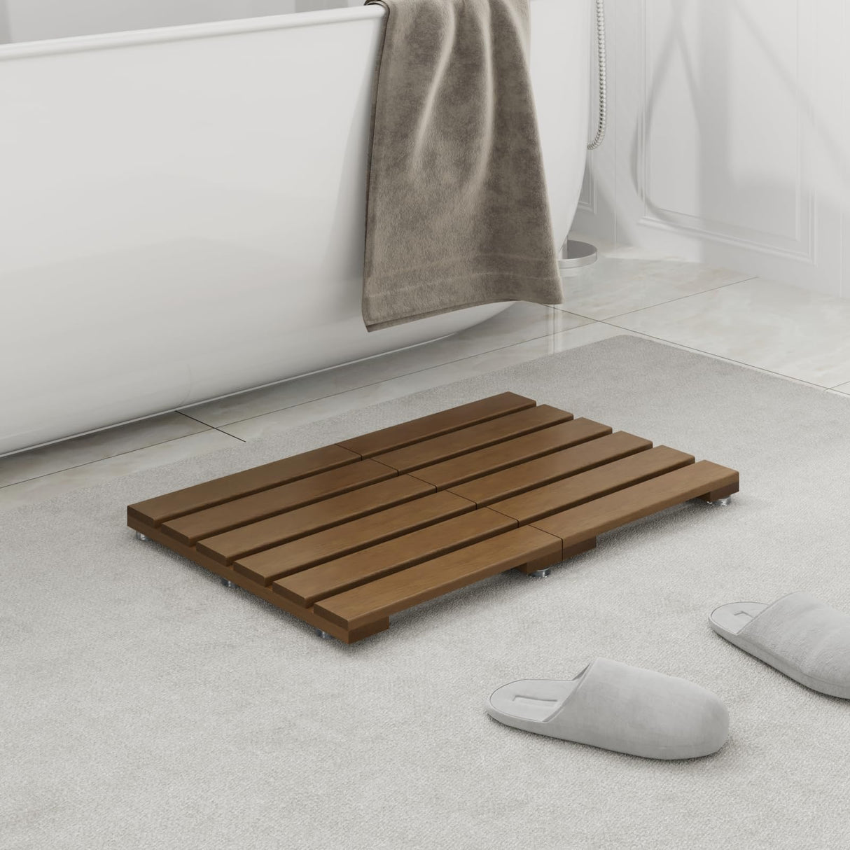Smuxee Foldable Teak Wood Bath Mat, 19.7" x 13" Shower Mat with Non-Slip, Wooden Floor Mat for Bathroom, Pool and Sauna Smuxee
