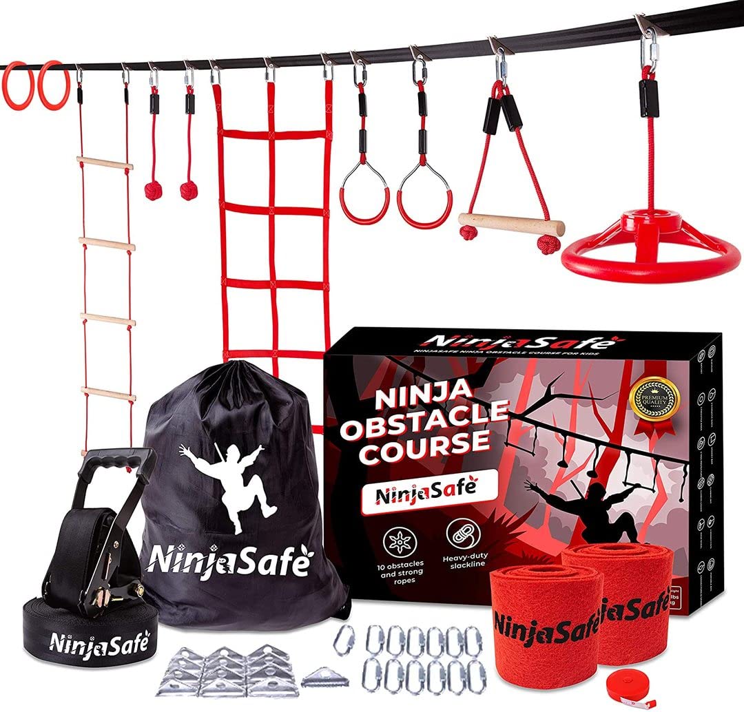 Ninja Obstacle Course for Kids Backyard - 10 Durable Obstacles and 50' Slackline - Outdoor Warrior Obstacle Playset Equipment for Girls & Boys with Monkey Bars, Ladder, Wheel, Gymnastics, Climbing Net NinjaSafe