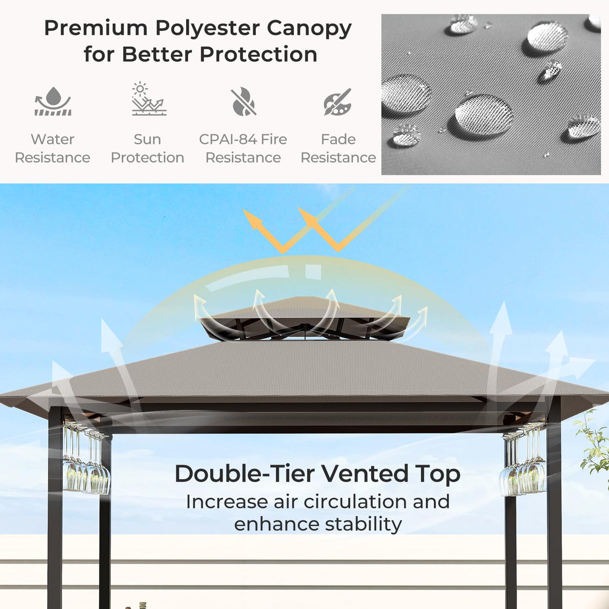 Tangkula 3-Piece Patio Bar Set, Grill Gazebo & 2 Bar Stools with Tempered Glass Bar Table, Metal Storage Shelves, Glass Holders, Double-Tier Soft Top Canopy BBQ Gazebo Shelter for Patio Garden (Grey) Tangkula