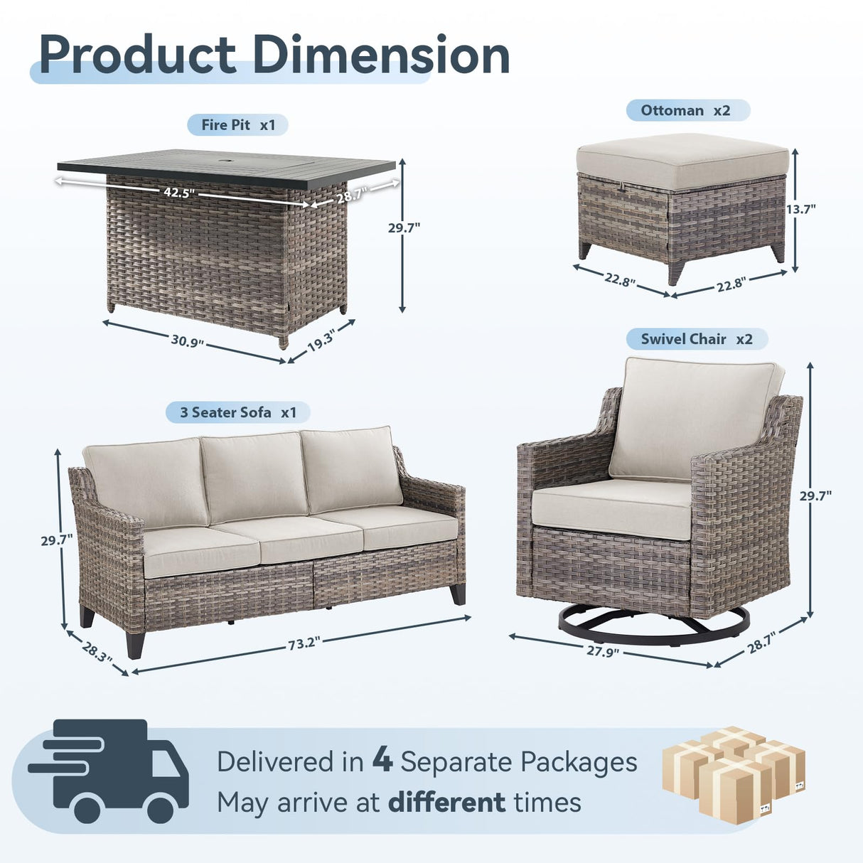AMCLOBA Patio Furniture Set with 42.5" Fire Pit Table-6 Pieces All Weather Wicker Outdoor Furniture with High Back Swivel Patio Chairs Set of 2 Outdoor Couch for Deck Balcony Backyard Beige/Gray AMCLOBA