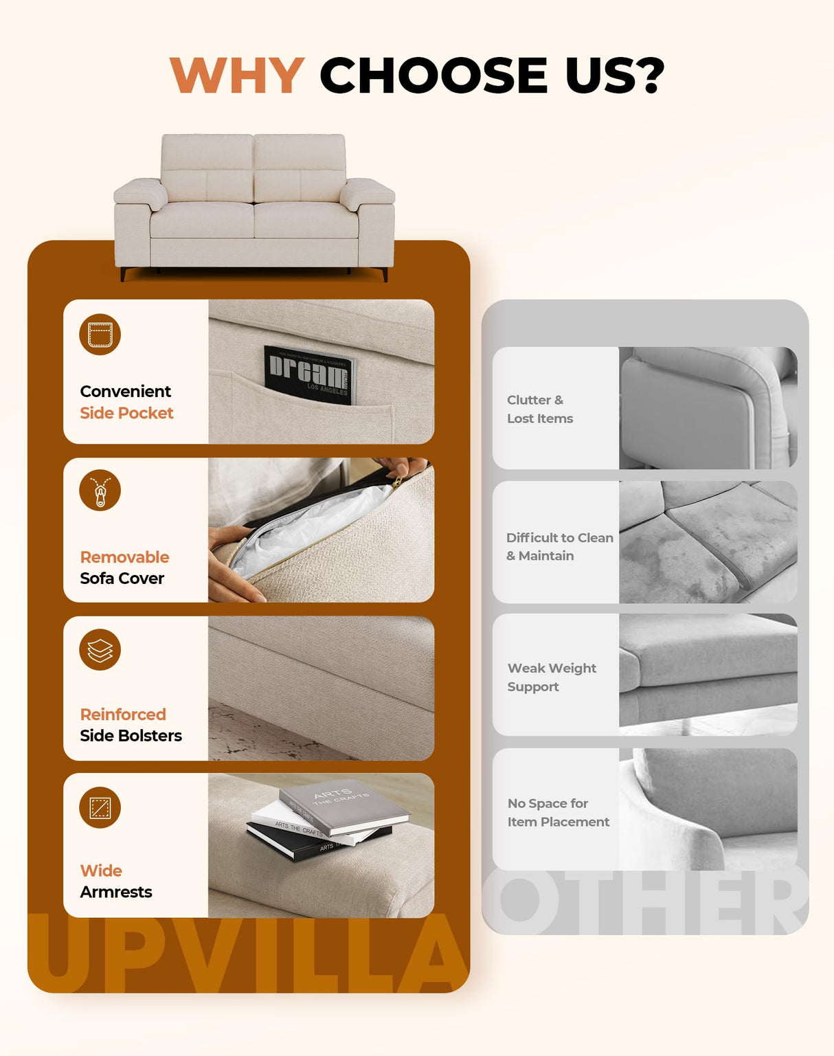 Upvilla 71.25" Modern Sofa Couch for Living Room, Deep Seat Sofas with 8”Cushion, Comfy 2-Seater Chenille Loveseat with Convertible Armrest, Removable Sofa Cover, High Leg (Beige) Upvilla