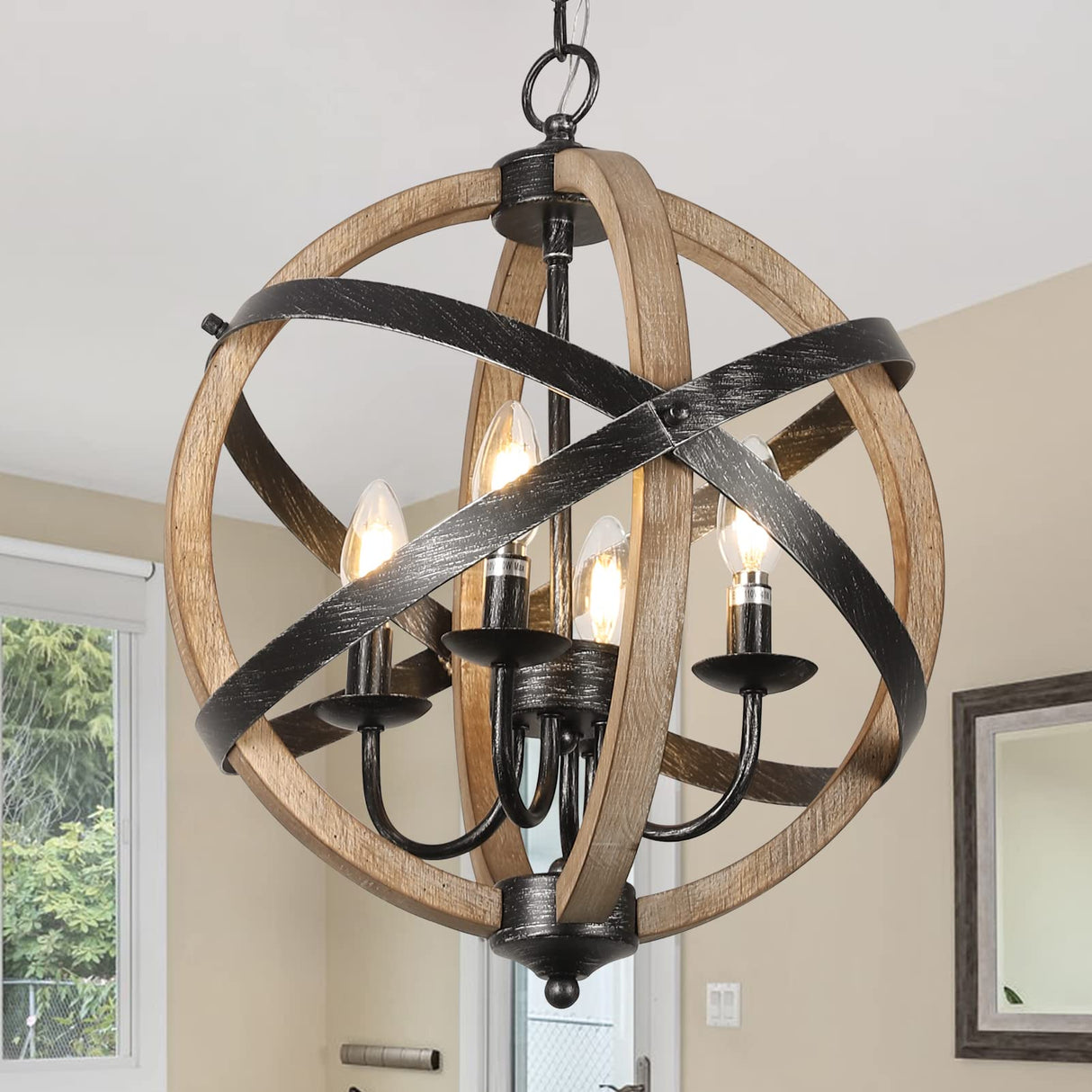 PAUFUL Farmhouse Chandelier Light Fixtures,4-Light Dining Room Light Fixtures Height Adjustable,Rustic Wood Light Fixtures Ceiling Hanging for Kitchen, Living Room, Hallway, Bedroom, Foyer,Entryway PAUFUL