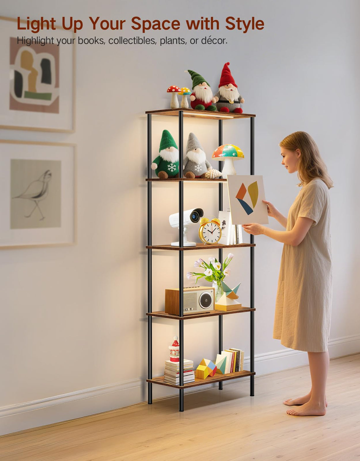 OUTONLIFE 5 Tier Bookshelf with LED Light, Dimmable Bookcase with Touch & Remote Control, 3 Color Temperatures, Tall Modern Display Standing Shelf for Living Room, Bedroom, Home Office (Rustic Brown) OUTONLIFE