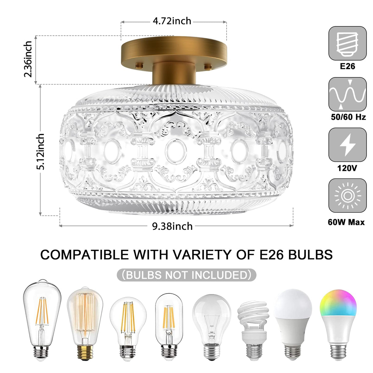 OYKYOHEI Semi Flush Mount Ceiling Light, Gold Vintage Kitchen Ceiling Light Fixture, Globe Glass Close to Crystal Modern Lighting for Hallway Bathroom Bedroom Porch Entryway, Bulb Not Included OYKYOHEI