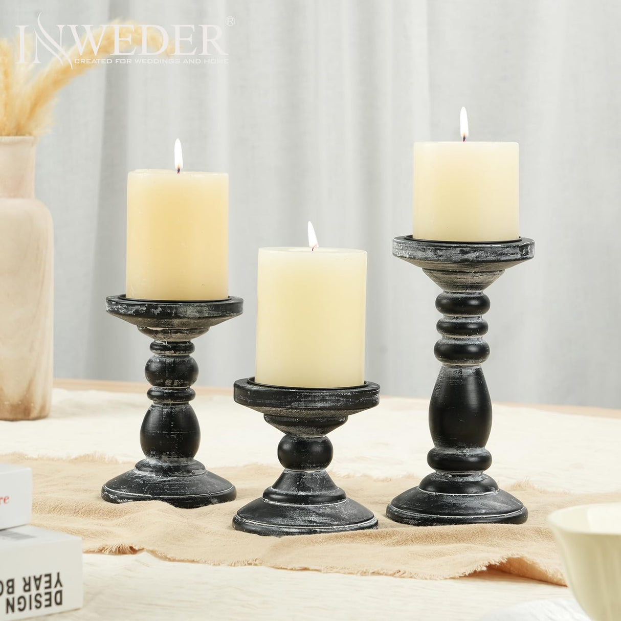 Inweder Wood Pillar Candle Holder: 3Pcs Rustic Black Candle Holders for Pillar Candles Wood Candle Holders Distressed Wooden Farmhouse Candle Holder Large Rustic Candle Holder for Fireplace Table Inweder