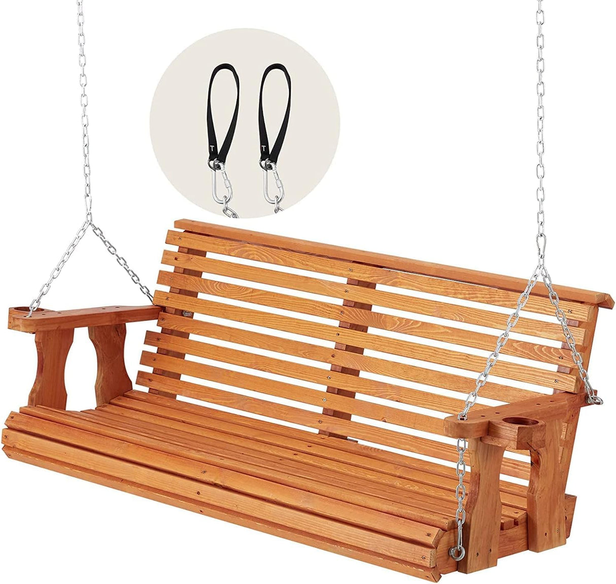 U-MAX Wooden Porch Swing 2-Seater,Swing Bench with Cupholders, Heavy Duty 800 LBS,Hanging Porch Swing Chair for Outdoor Patio Garden Yard(6.5FT&Brown) U-MAX