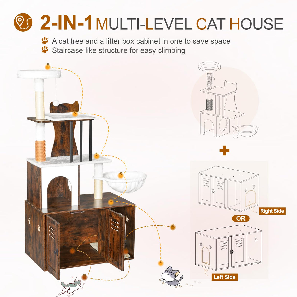 Snughome Cat Tree with Litter Box Enclosure Furniture, 2-in-1 Modern Cat Tower, 58.66’’ Wood Cat Condo with Scratching Post and Hammock, Pet Furniture with Large Platform, Rustic Brown Snughome