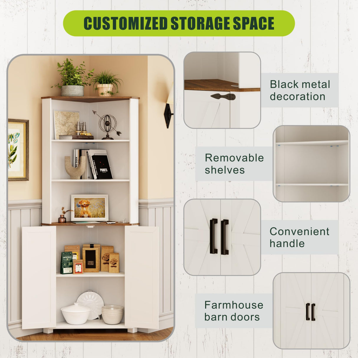 FREDEES Antique White Tall Corner Cabinet with LED Light - Rustic Farmhouse Storage Solution FREDEES