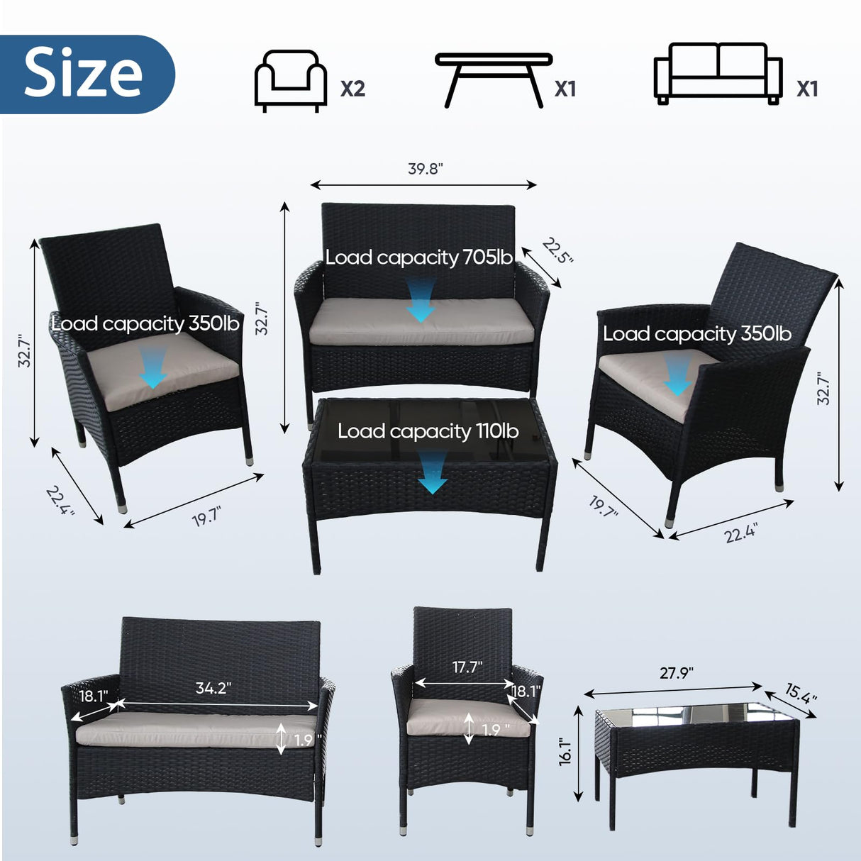 XZHQHB Outdoor Furniture Set of 4 Pieces with PE Waterproof Rattan Tempered Glass Table and Thick Cushions Suitable for Gardens Porches Terraces and Balconies Easy to Assemble Black and Beige XZHQHB
