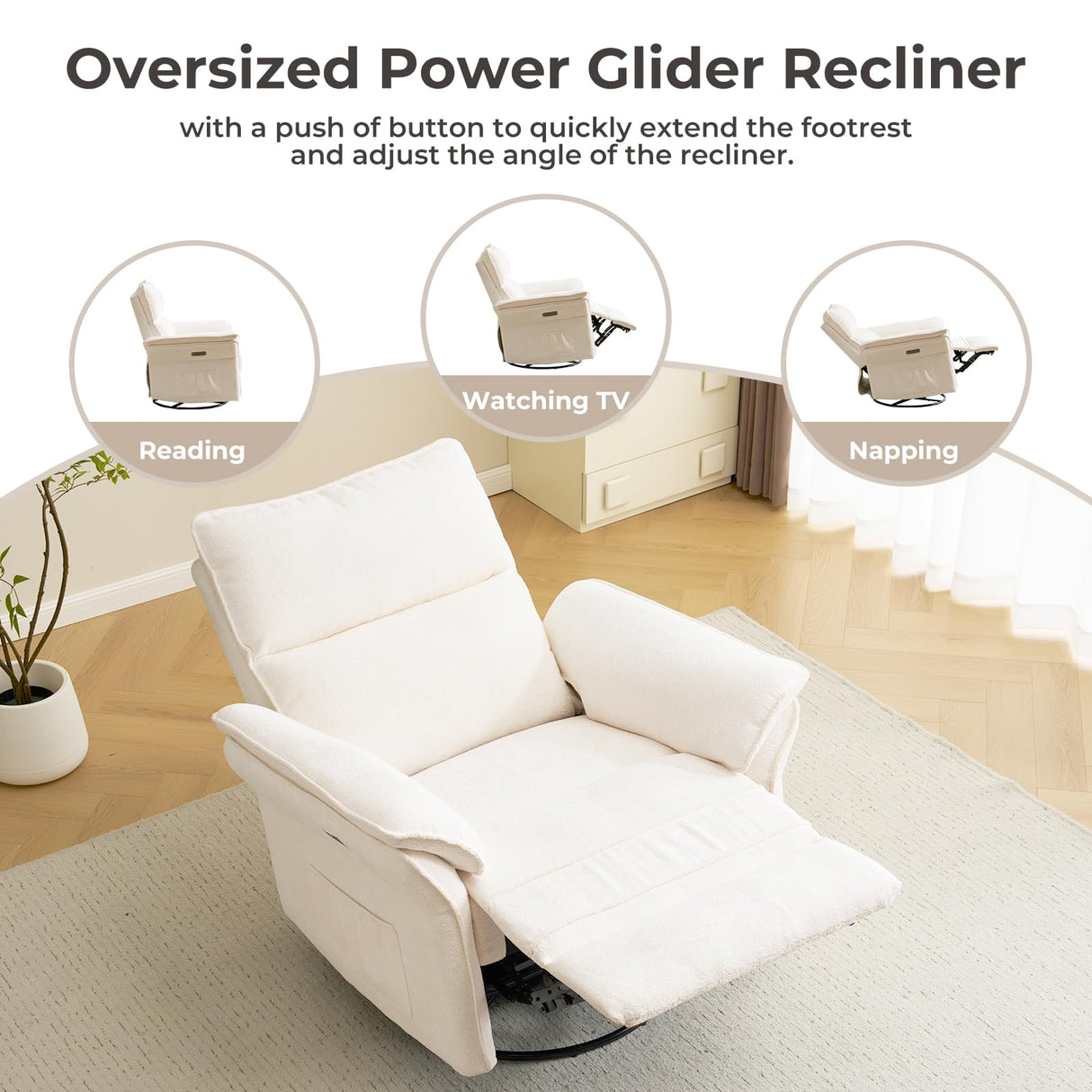 Oversized Power Recliner Chairs for Adults with Massage and Heat, Power Swivel Rocker Recliner Chair with Adjustable Headrest, 26" Extra Wide Rocker Nursery Recliner with USB Port, White RUTOX